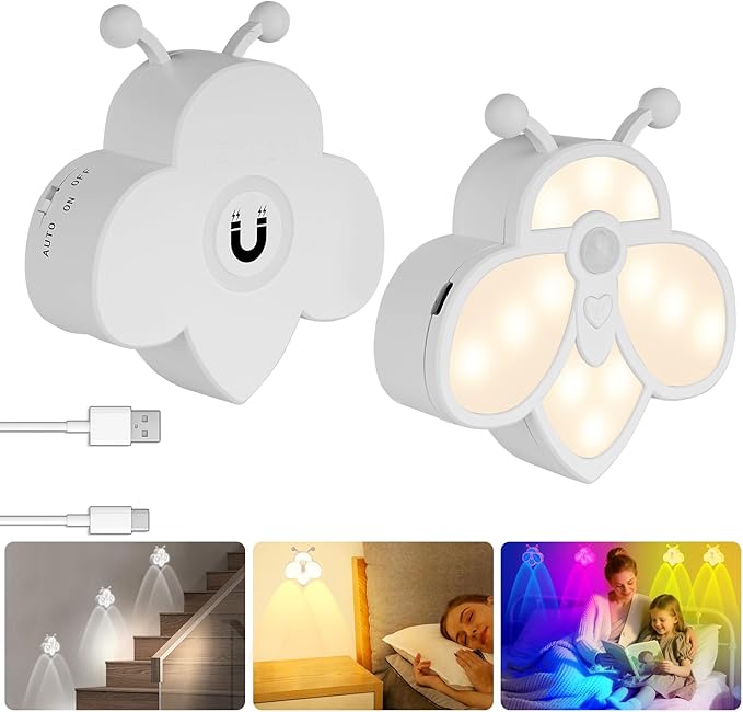 Rechargeable Motion Sensor Night Light for Kids | Warm White & RGB | Cute Bee Design | Magnetic Mount | Indoor Light for Bedroom, Kids' Room, Stair, Bathroom(White, 4 Pack)