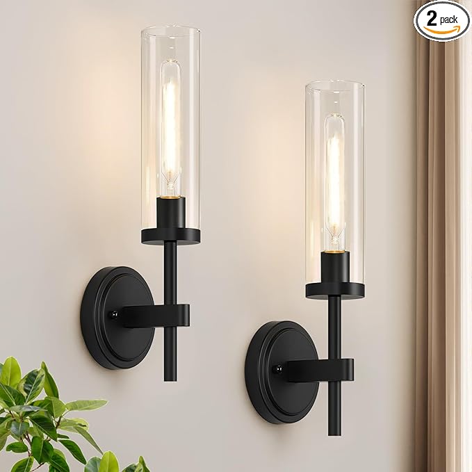 Wall Sconces Set of Two, Matte Black Bathroom Sconces with Clear Glass, Hardwired Sconces Wall Decor Set of 2, Modern Wall Light Fixtures for Bathroom Mirror Living Room Bedroom Hallway