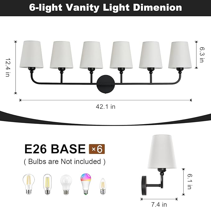 Matte Black Bathroom Light Fixtures, 6-Light Vanity Lights, Bathroom Lighting Fixtures Over Mirror with Flared White Fabric Shade, Modern Wall Sconce for Mirror Hallway Bedroom Living Room(ETL Listed)
