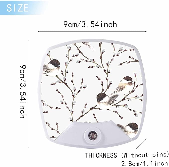 LED Square Night Light,Willow Branches Black-Capped Chickadee LED Night Light Plug into Wall with Dusk to Dawn Light Sensor White Energy Efficient Nightlight for Bedroom Hallway Living Room