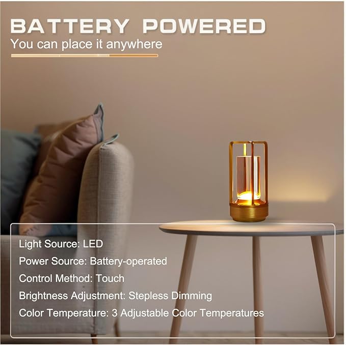 Small Table Lamp, Rechargeable Cordless Battery Operated LED Lamp, 3-Color Temperatures Dimmable Nightstand Lamp for Living Room, Bedroom, Outdoor Battery Powered Portable Touch Lamp (Gold)