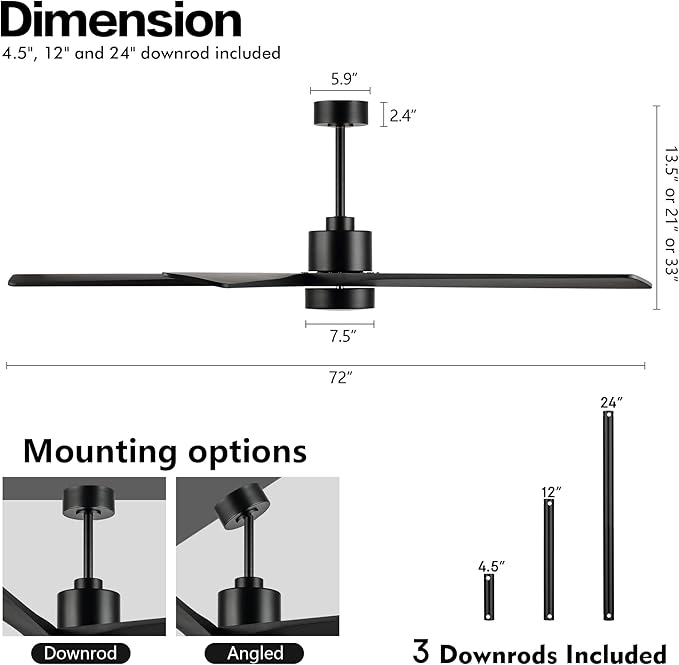 WINGBO 72 Inch DC Ceiling Fan with Lights and 3 Downrods, 5 Reversible Carved Wood Blades, 6-Speed Noiseless DC Motor, Modern Ceiling Fan in Matte Black Finish, ETL Listed