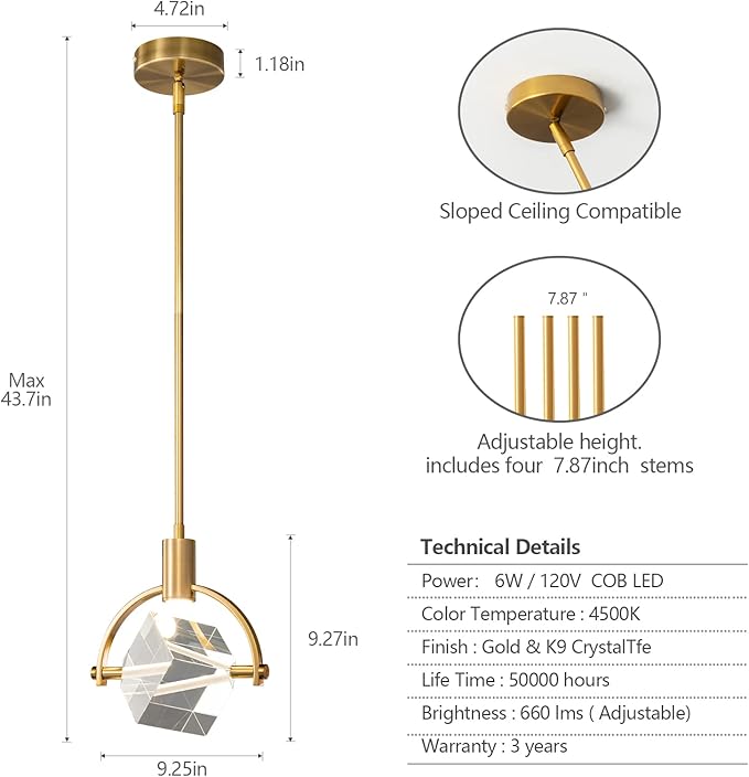 Pendant Ceiling Light Fixture for Kitchen Island, Modern Integrated LED Hanging Light, Crystal Pendant Light in Gold Brushed Brass Finish, Bedroom, Dining Room(1-Lights)