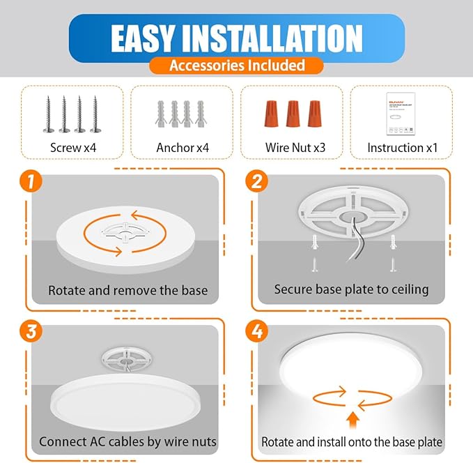 Allsmartlife LED Flush Mount Ceiling Light 4-Pack, 18 inch Thin Round Flat Panel Light 36W 4650lm, 3000K/4000K/6500K Dimmable, White Light Fixtures Ceiling Mount for Kitchen, Bedroom