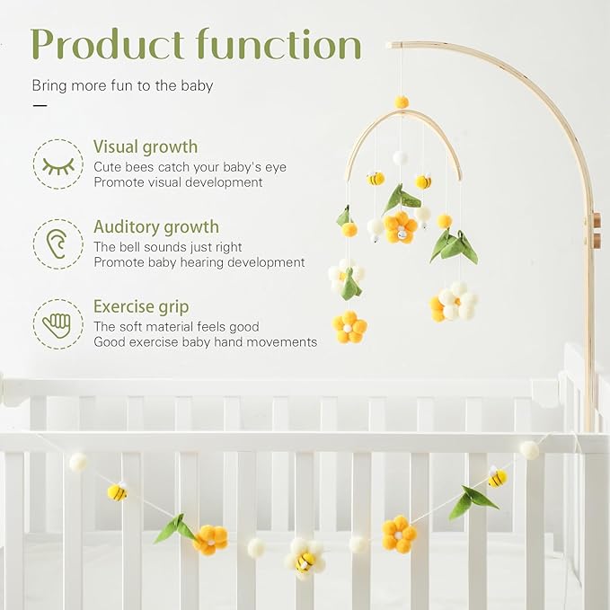 Baby Mobile for Crib Crib Nursery Mobile for Boys Girls Boho Bee Flower Nursery Decor Soothe Toy Baby Shower Set for Infant Bedroom Hanging Decoration Toy