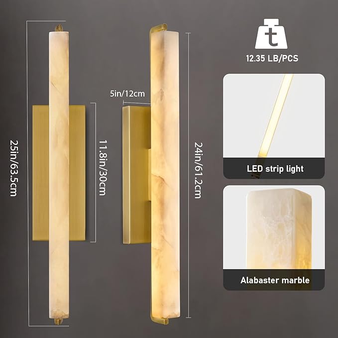 Alabaster Wall Sconce, 25" Natural Marble Wall Sconce, Gold Alabaster Single Sconces, Brass Modern Bathroom Sconces, Indoor Wall Lighting for Living Room, Bedroom, Hallway, Staircase