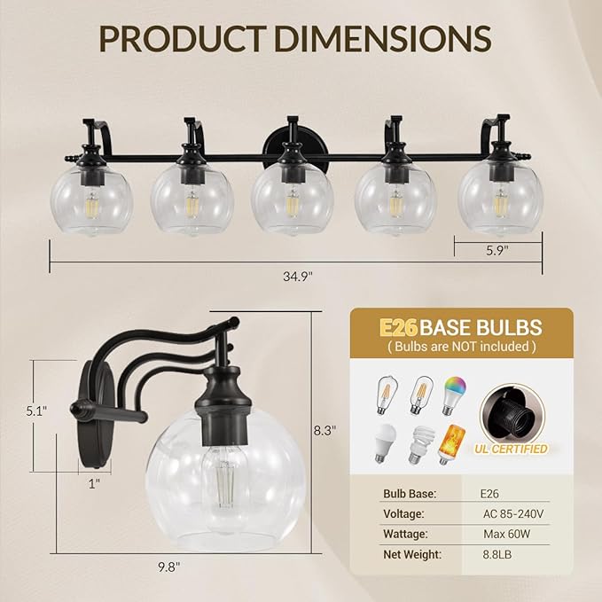 ANDY STAR Black Vanity Light, 5-Light Bathroom Light Fixture, 35" Large Bathroom Lighting Over Mirror, Industrial Wall Sconce, Perfect for Big Bathrooms, Double Vanities, Long-Length Elegant Design