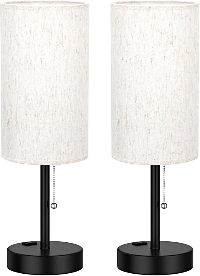 Fenmzee Plus Bedside Table Lamps Set of 2-3 Color Temperatures Pull Chain Lamp with AC Outlet Charging Port, Round Night Stand Lamps for Bedroom Guest Room Office, Bed Side Light with E26 LED Bulbs
