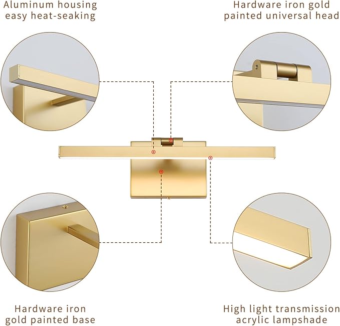 Joosenhouse Hard Wired Picture Light Gold Modern Picture Lights for Paintings 300 Lumens Brightness Adjustable Swing Arm Wall Lamp Dimmable Accent Lighting 110V AC