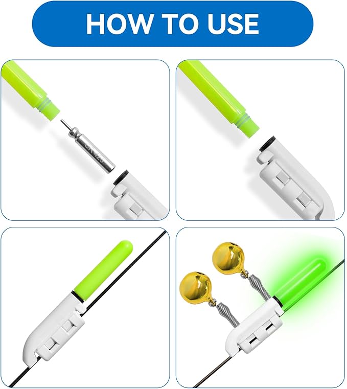 6PCS Night Fish Strike Alert Glow Stick Alert, Fishing Bite Alarm Bite Alarm, LED Fishing Alarm with Bell, Fishing Glow Sticks with 8PCS CR425 Battery