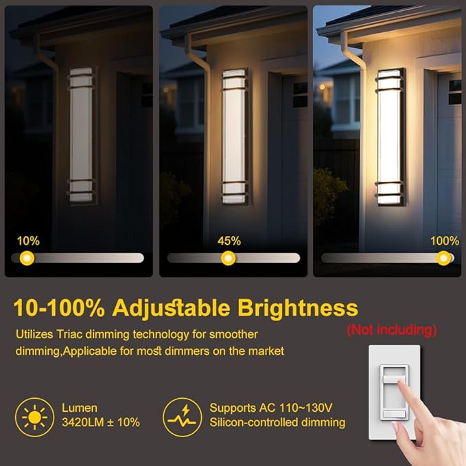 10%-100% Dimmable Outdoor Wall Lights 2Packs, LED 3000k 4500K 6000k Exterior Light Fixture, IP65 Waterproof, Matt Black Wall Lighting for House Porch Patio(2Pack)