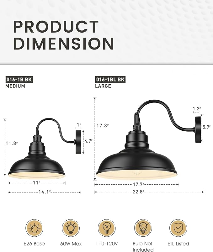 zeyu Black Barn Light, Modern Outdoor Wall Light Fixtures, Barn Light for Garden Garage, Matte Black Finish, 016-1BL BK