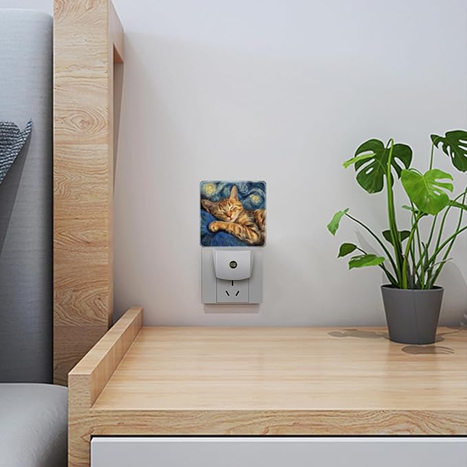 LED Night Lights Plug into Wall,Starry Night Napping Brown Tabby Cat Decorative Night Lights Plug into Wall with Auto Light Sensor for Boys Girls Bedroom Decorative Nightlight Led Lamp