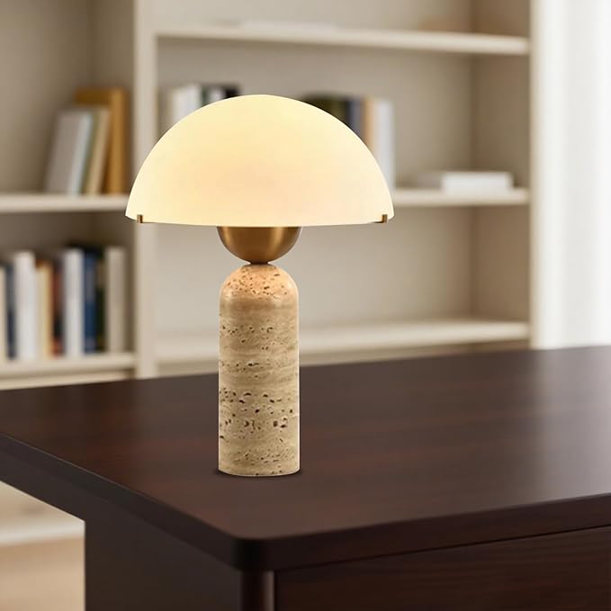 White Dome Table Lamp with Frosted Glass Shade, Mid-Century Modern Natural Stone Base Desk Lamp for Bedroom Nightstand, Scandinavian Bedside Light, 17.7 x 11.8 in
