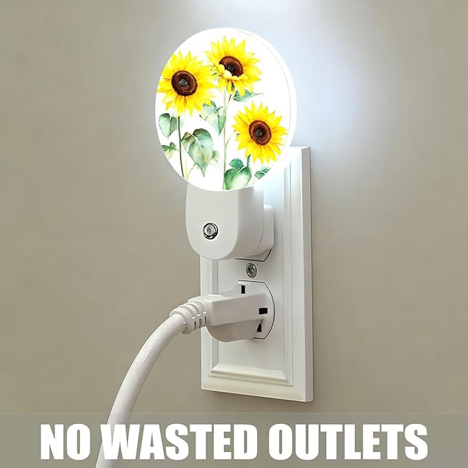 Plug-in Watercolor Sunflower Bouquet Night Light Yellow Blooms Floral Night Lights Plug into Wall with Auto on/Off Sensor, 0.5W LED Nightlight for Bedroom Bathroom Kitchen Hallway