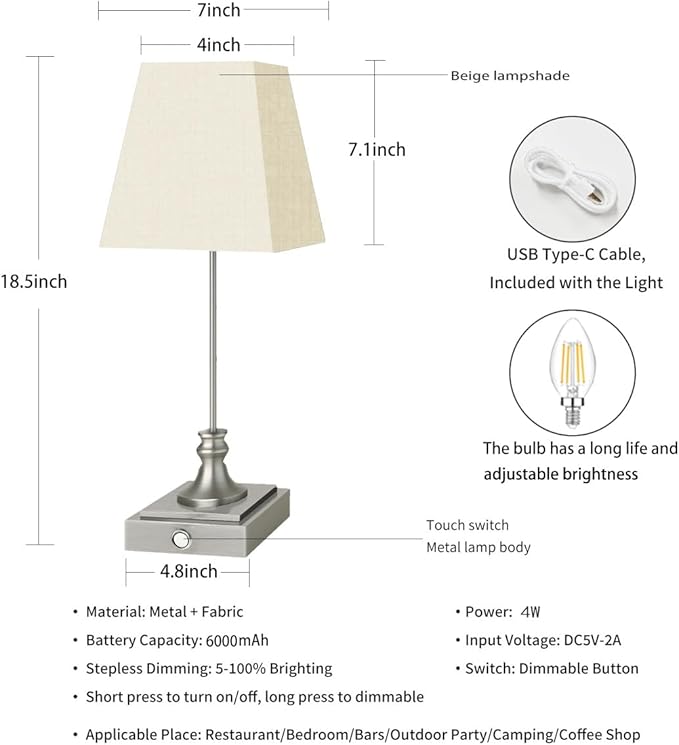 Rechargeable LED Table Lamps with Stepless Touch Control,Sliver Cordless Lamp for Living Room&Bedside&Patio&Shower,Small Desk Lamp(6000mAH Battery),2 Pack for Home Decor,Best Gifts for Family