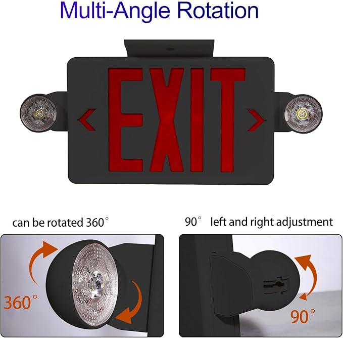 CM MZY Exit Sign with Emergency Lights, Exit Signs Light with Battery Backup,Red Emergency Lights with Black Housing, Two Adjustable Heads, Combo for Business,AC 120V/277V, UL Certified,6 Pack