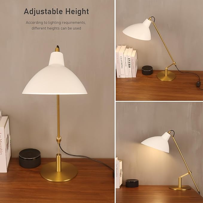 Desk Lamp Modern Industrial 100% Metal Table Lamp 22", Soft White Light (3000K) with Adjustable Switch, Ideal for Office Bedroom Study Room Living Room Nightstand Bedside Lamps White+Brass