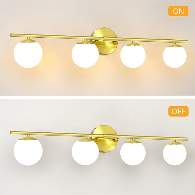 New Bathroom Vanity Light Fixtures Brushed Bronze Milk White Globe Glass Shade Modern Wall Bar Sconce Over Mirror (Brushed Brass, 4T)
