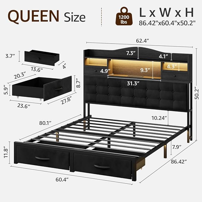 Queen Bed Frame with Storage Headboard and Drawers, Metal Platform Black Bed Frame Queen Size with LED Lights and Charging Station, Velvet Upholstered Tufted Bed Frames, No Box Spring Needed