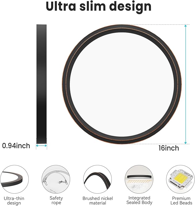 libtit 16Inch Flush Mount LED Ceiling Light Fixture, 3000K 4000K 6500K Adjustable, 36W 3600lm Rubbed Bronze Satin Round Ceiling Lamp for Bathroom Shower Hallway Kitchen, 1 Pack