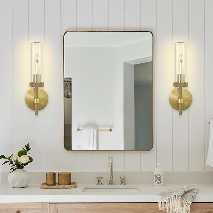 Brass Wall Sconces Lights Indoors, 14" Knurled Linear Sconce, Gold Bathroom Wall Sconces, Glass Tube Vanity Sconces Wall Lighting, Wall Lights for Mirror, Living Room, Bedroom, Hallway