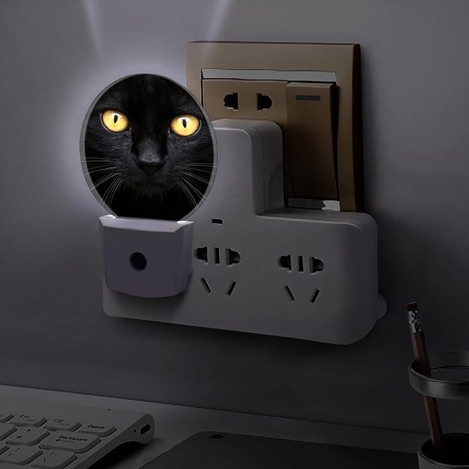 Round LED Night Light,Black White Cat Face Close Up Crop LED Night Light Plug into Wall with Dusk to Dawn Light Sensor White Energy Efficient Nightlight for Bedroom Hallway Living Room Kitchen