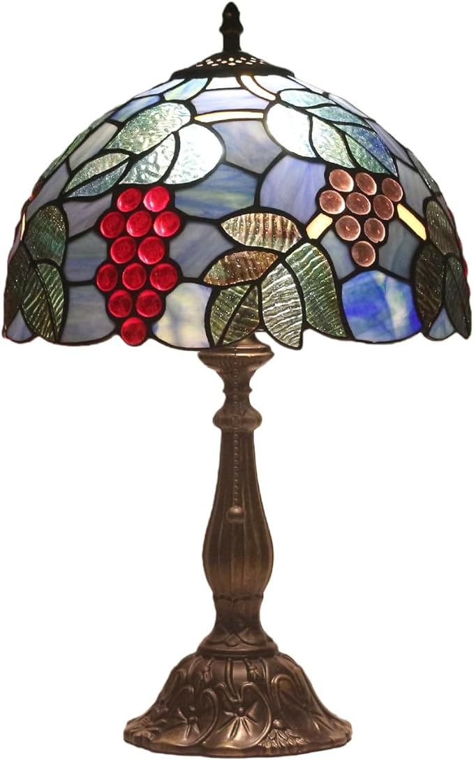 Stained Glass Table Lamp,12x12x19 Inch Antique Table Lamp for Tiffany Style Bedroom、Living Room、Home、Office Decor Lamp (Grape)