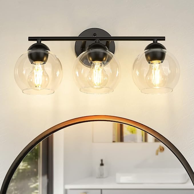 Emak 3-Light Vanity Lights for Bathroom, Black Light Fixtures Over Mirror, Globe Vanity Light with Clear Glass Shade, VL114-BKL-3