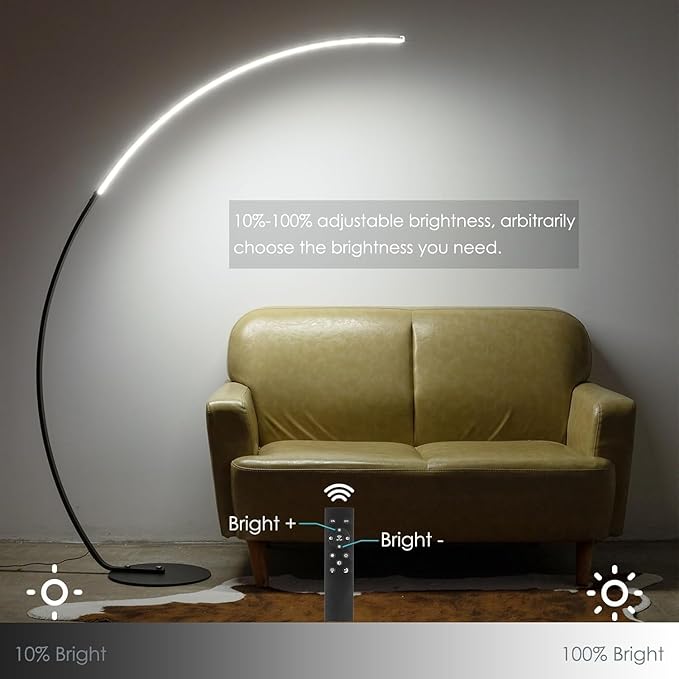 NUÜR Arc Floor Lamp with Remote Control - Modern Standing Bright LED Floor Lamp for Living Room Bedroom Office - Adjustable Color Temperatures and Stepless Dimming - 67" Tall, Black