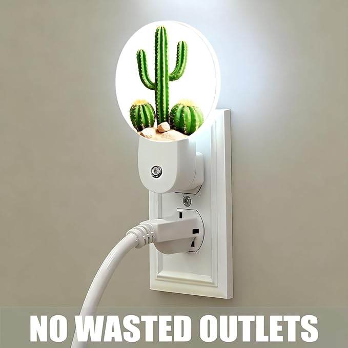 Plug-in Green Cactus Night Light Desert Cacti Night Lights Plug into Wall with Auto on/Off Sensor, 0.5W LED Nightlight for Bedroom Bathroom Kitchen Hallway