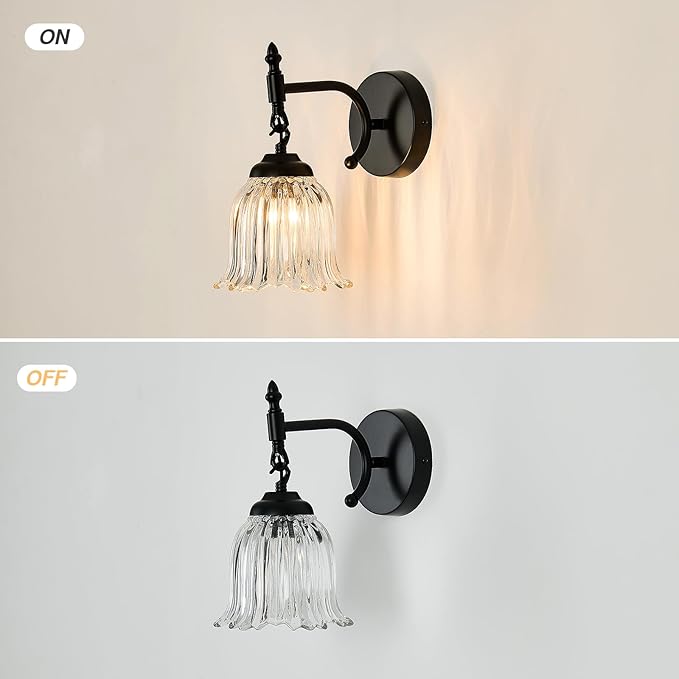 CVKASH 1-Light Vintage Wall Sconces Black Modern Barthroom Vanity Light with Glass Shade Wall Light for Farmhouse Hallway Living Room Bedroom Cabinet