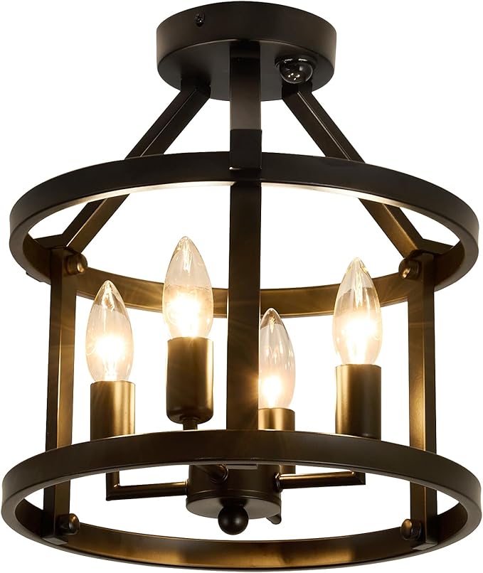 UOFUS Indoor Motion Sensor Ceiling Light Fixture Black Semi Flush Mount Chandelier Overhead Light Fixture for Entryway Hallway Porch Stairwell Garage