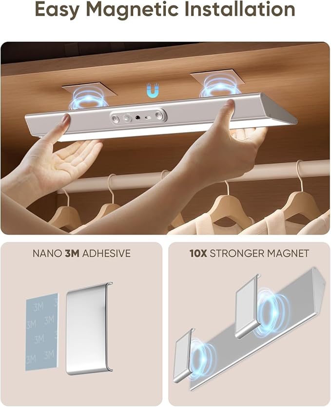 Motion Sensor Closet Lights, Eye Protection Design with Remote, 3 Color Temps & Dimmable, Rechargeable Magnetic Cabinet Lighting for Kitchen, Wardrobe, Shelf, Pantry