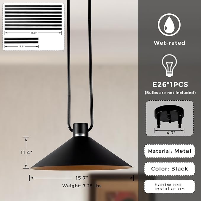Black Industrial Pendant Lighting Kitchen Island Large Metal Adjustable Brass Cone Chandelier with Shade, Modern Round Light Lamp Fixture for Dining Room Bedroom Hallway Living Room Foyer Home Office