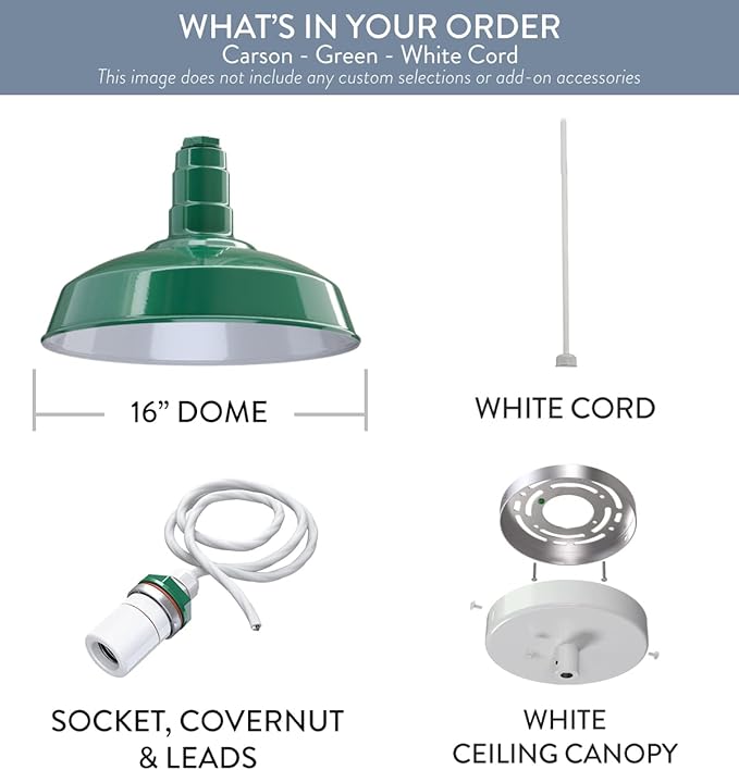 Steel Lighting Co. Carson Barn Light | Ceiling Mounted Pendant | 16 inch Dome | White Cord | Industrial Style Steel Light Made in America | Green Exterior/White Interior