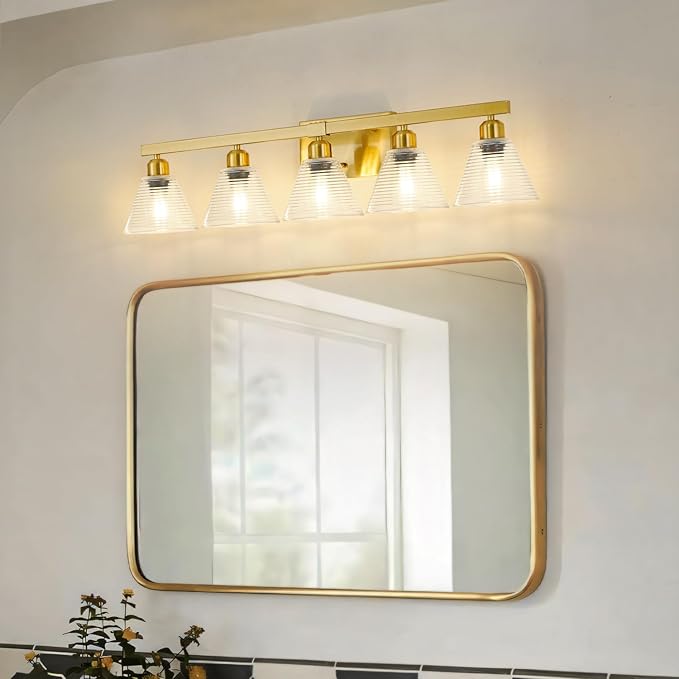 5-Light Modern Bathroom Light Fixtures, Gold Bathroom Vanity Lights with Clear Glass Shade, Farmhouse Wall Sconces for Mirror Kitchen Bedroom Living Room