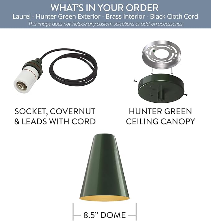 Steel Lighting Co. Laurel Pendant Light | Ceiling Mounted | 8.5 inch Cone Shade | Modern Contemporary Farmhouse Style Made in America | Black Cloth Cord | Hunter Green Exterior/Brass Interior