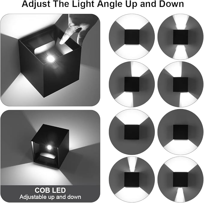 BIRTALO 20 Watt LED Up and Down Outdoor Wall Lights Adjustable 6500K Modern Wall Sconce Square Waterproof Black Aluminum Exterior/Interior Porch Lighting for Living Room,Gardens,Stairs,2 Pack