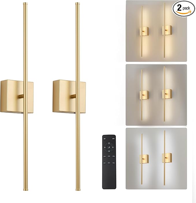 24.4 Inch Removable Battery Operated Wall Sconces Set of 2 with Remote Control, Stepless Colors 3000K-6000K & Dimming, 350°Rotate, LED Gold Wireless Wall Light for Living Room, Bedroom, Gold