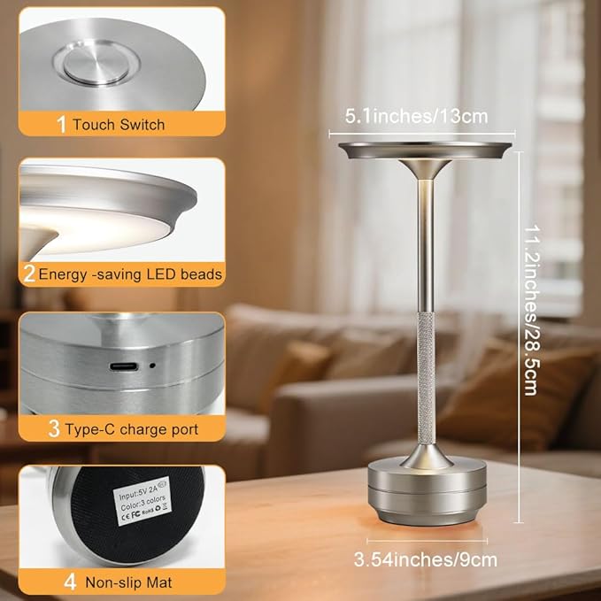 EJQ Cordless Rechargeable Table Lamps, Portable 6000mAh Battery Desk Lamp Waterproof 3 Color Stepless Dimming LED Table Light with Memory Function for Outdoor/Dinning/Patio/Restaurant (Sliver 1Pack)