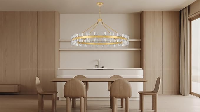 48 Inch Gold Wagon Wheel Chandelier with Crystal Shade, 48 Lights, Modern Farmhouse Style, Ideal for Dining Room, Kitchen, Entryways
