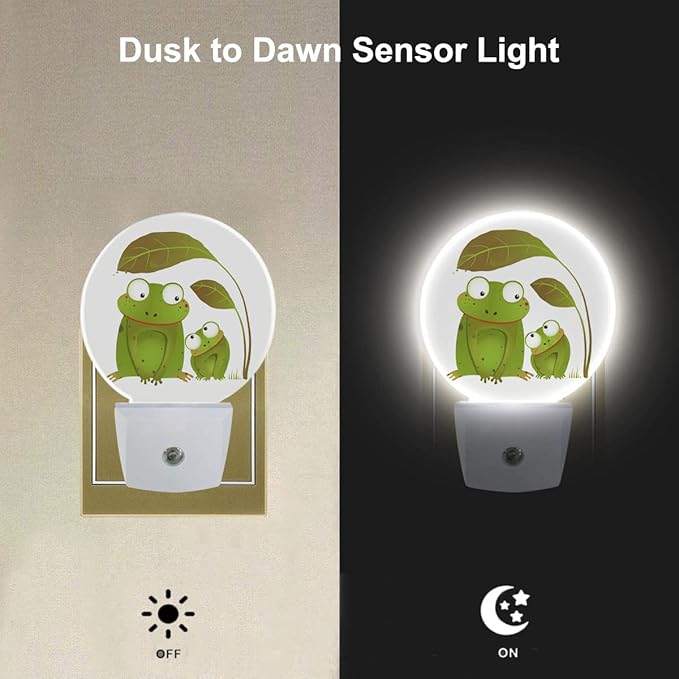 EKOBLA Frog Night Light Two Frogs Under Big Leaf Green Animal Cute Night Lights Plug into Wall for Boys Girls Room LED Round Lamp, Dusk to Dawn 0.5W Sleep Friendly