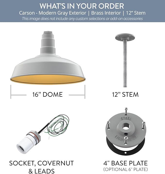 Steel Lighting Co. Carson Barn Light | Ceiling Mounted Pendant | 16 inch Dome | 12" Galvanized Stem | Industrial Style Steel Light Made in America | Modern Gray Exterior/Brass Interior