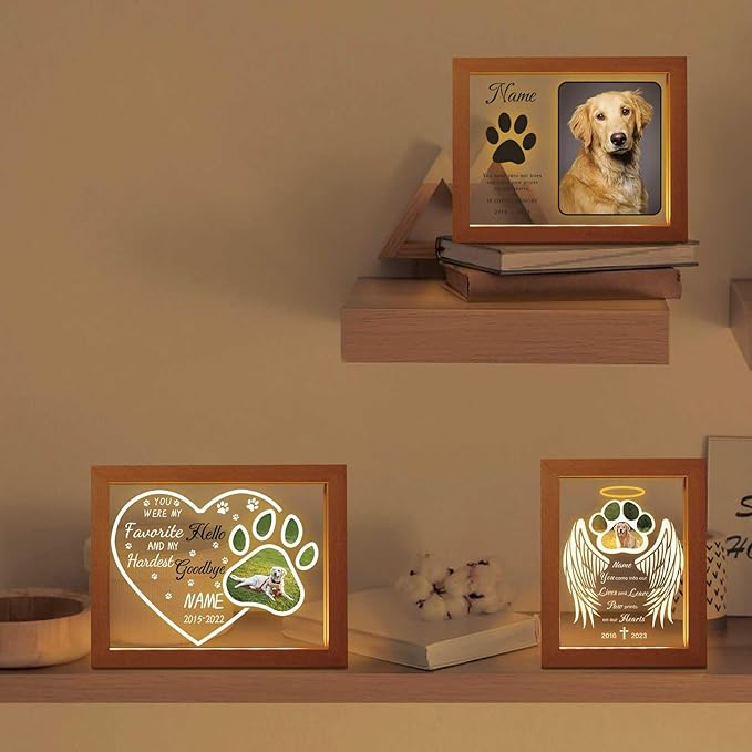 Custom Pet Memorial Night Light with Picture Frames Personalized Acrylic Plaque Sympathy Gift with Photo Name Date for Loss of Dog Cat Pet(H-Dog Paw Heart)