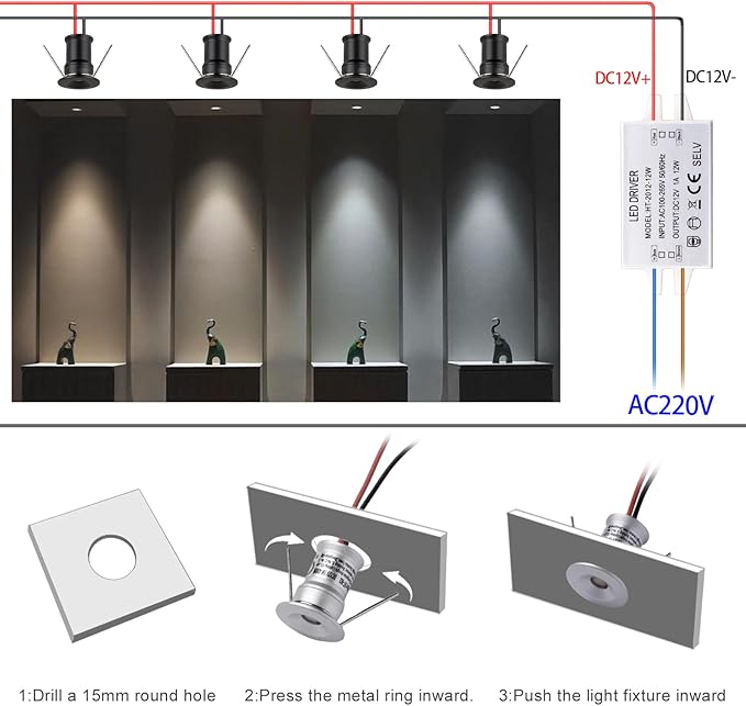 902 120°LED mini Spotlight,DC12V 1W,80Ra,75lm,Small Size,Embedded Installation,Suitable for Cabinet Lighting Such as Wine cabinets,Shoe cabinets,etc.,with Power Supply(4000K,White,9Pack)