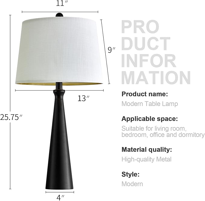 Oneach 25.75" Table Lamps Set of 2 for Living Room Bedroom, Bedside Lamp 3-Way Dimmable Touch Control, Modern Black Nightstand Light Fabric Shade Vintage Accent Style