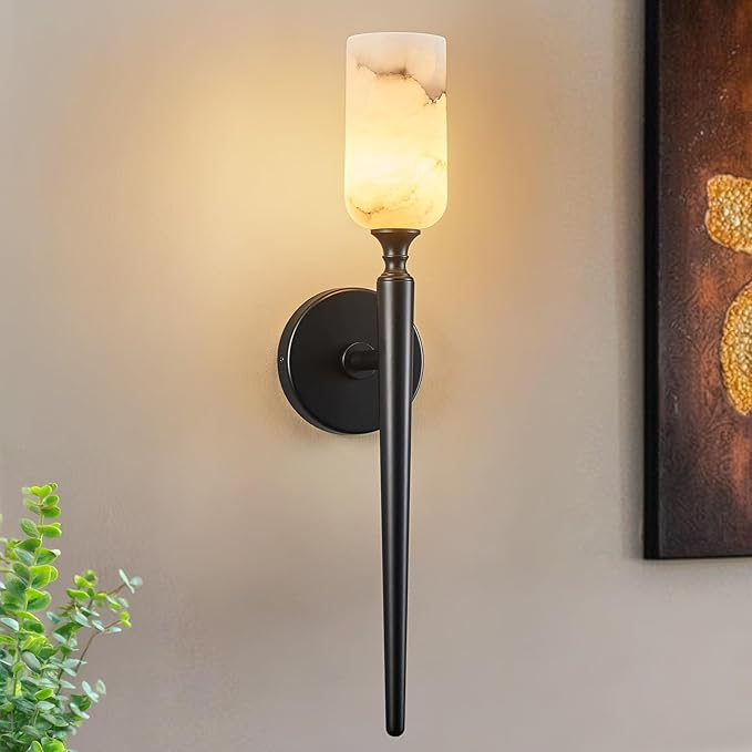LMQNINE Natural Alabaster Wall Sconce Modern Black Wall Light Bathroom Sconce Wall Decor Antique Marble Sconces Wall Lighting for Bedroom Living Room Entryway Hallway Staircase