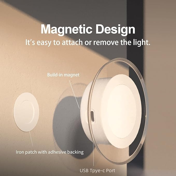 Magnetic Motion Sensor Night Light with Stick-On Base, Cruise Rechargeable Battery Powered Cordless Glow Light, Ideal for Bedroom, Bathroom, Stairway- Moonlit