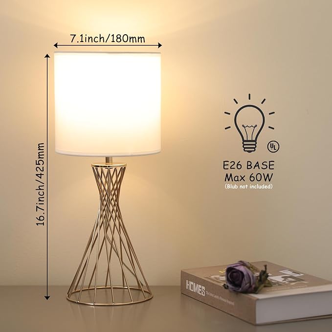 Gold Table Lamp, Nightstand Lamp, Small Cute Desk Lamp, Modern Bedside Lamp with White Fabric Shade, Metal Geometric Hollow Out Base Lamps for Living Room Bedrooms Kids Room